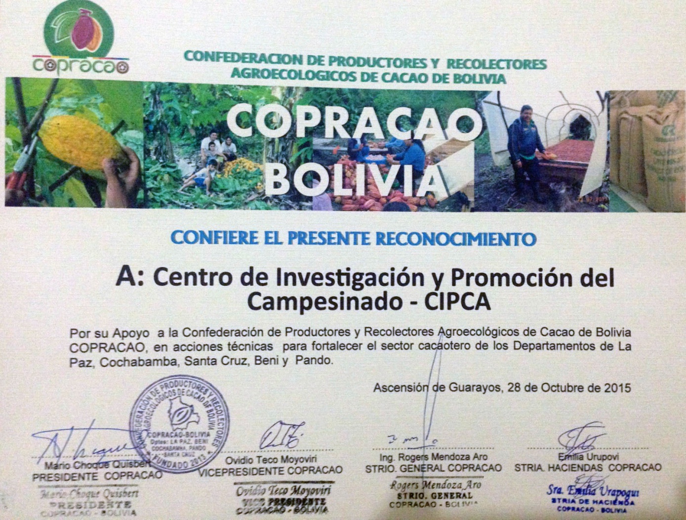 Confederación boliviana de cacaoteros reconoció el trabajo de CIPCA por su apoyo al sector